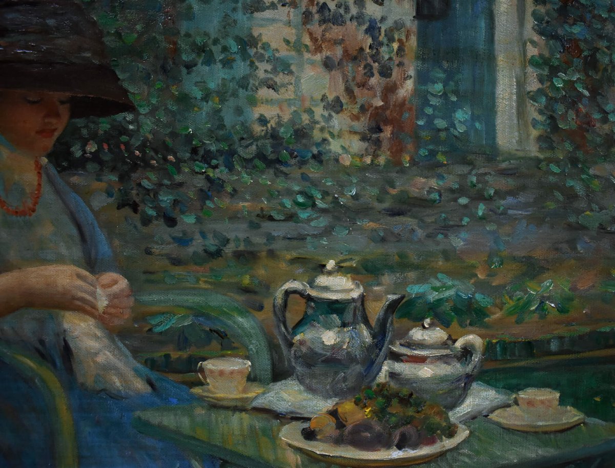 Petit-déjeuner au jardin – D'après Frieseke, École française-photo-5