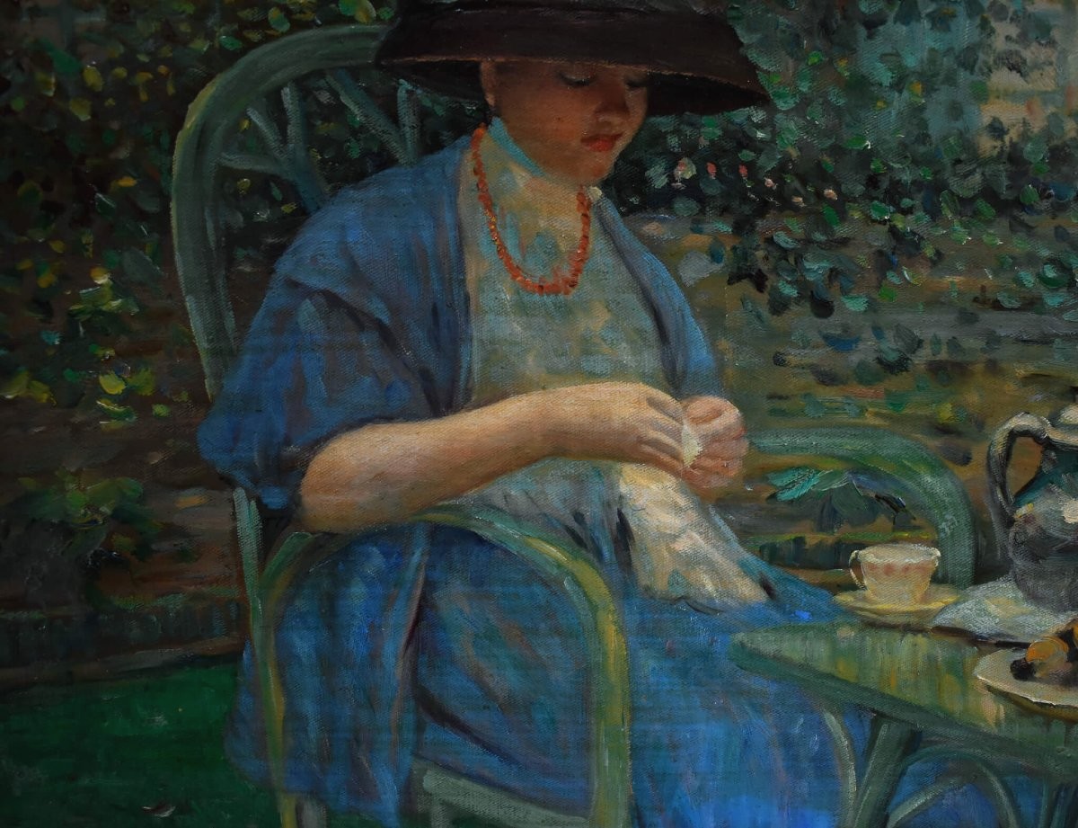 Petit-déjeuner au jardin – D'après Frieseke, École française-photo-2