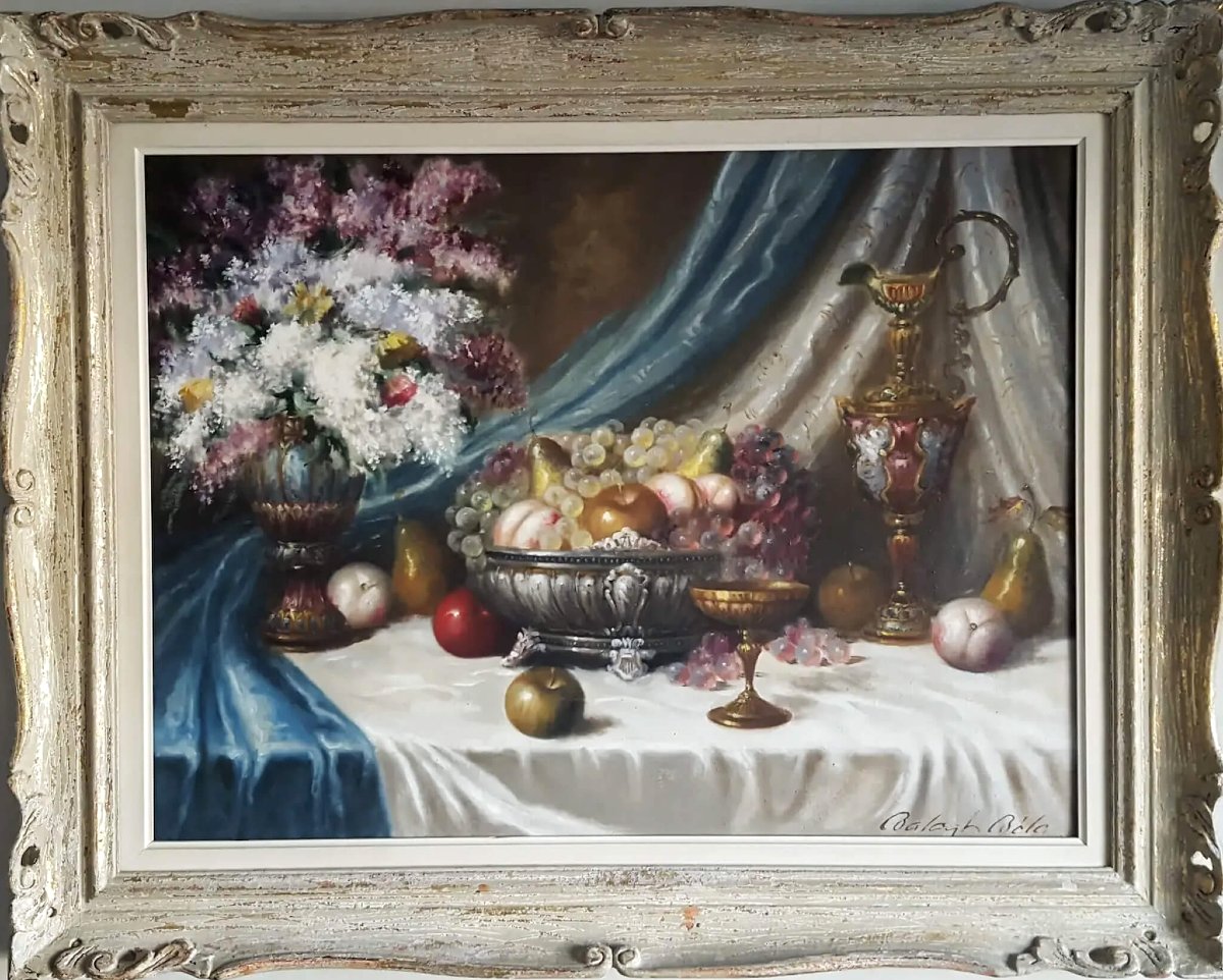 Béla Balogh - Nature Morte Avec Fleurs, Fruits Et Coupes-photo-2