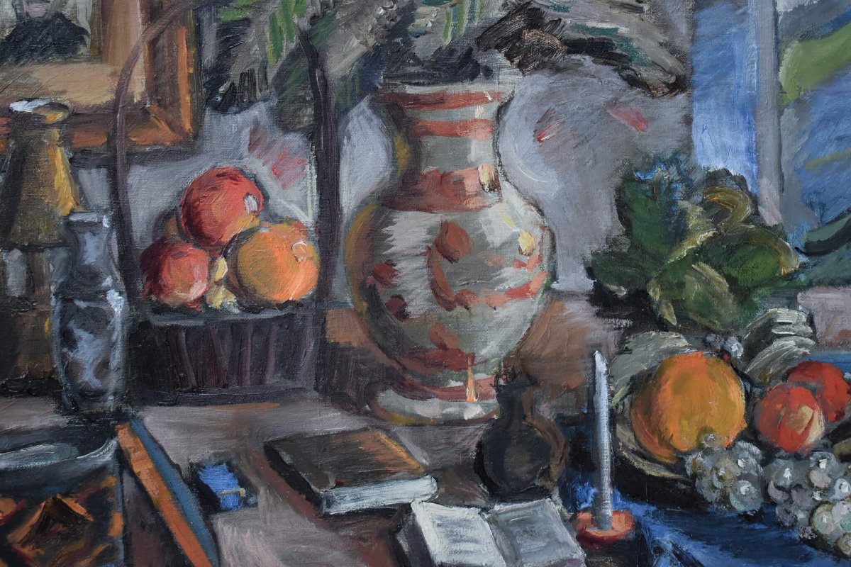 Spiros Xenos - Still Life With Fruits Books And Pottery-photo-4