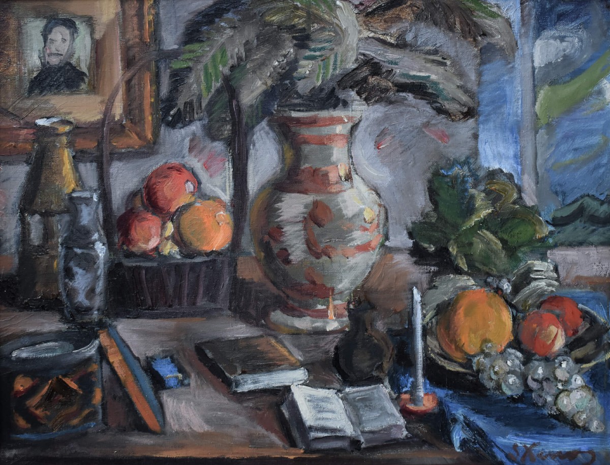 Spiros Xenos - Nature morte avec fruits, livres et poteries-photo-3