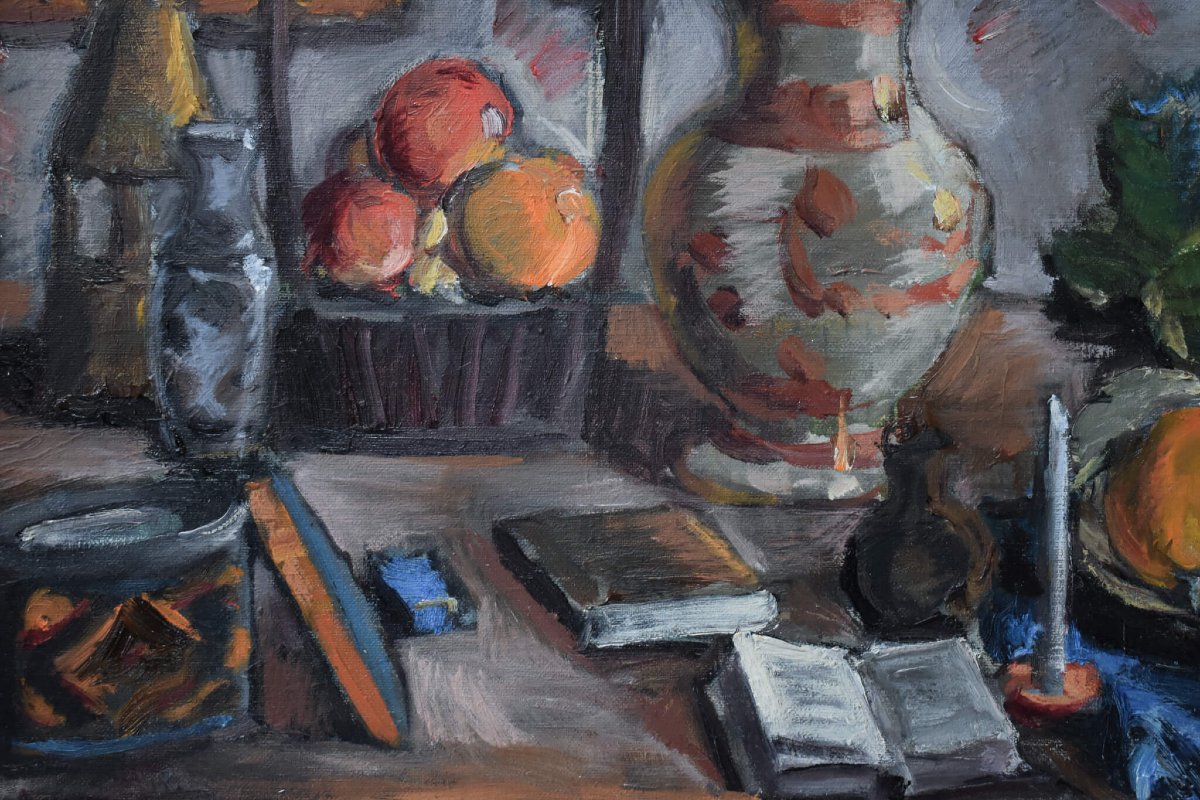Spiros Xenos - Still Life With Fruits Books And Pottery-photo-1