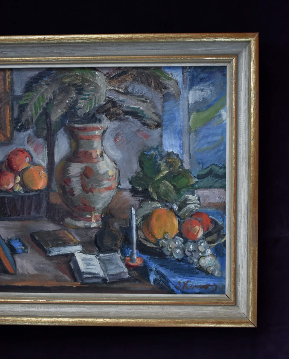 Spiros Xenos - Still Life With Fruits Books And Pottery-photo-4