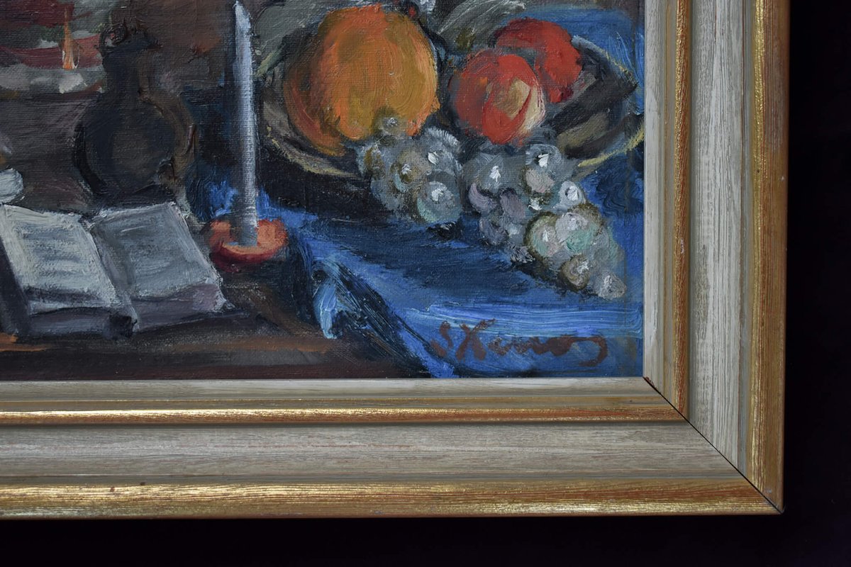 Spiros Xenos - Still Life With Fruits Books And Pottery-photo-5