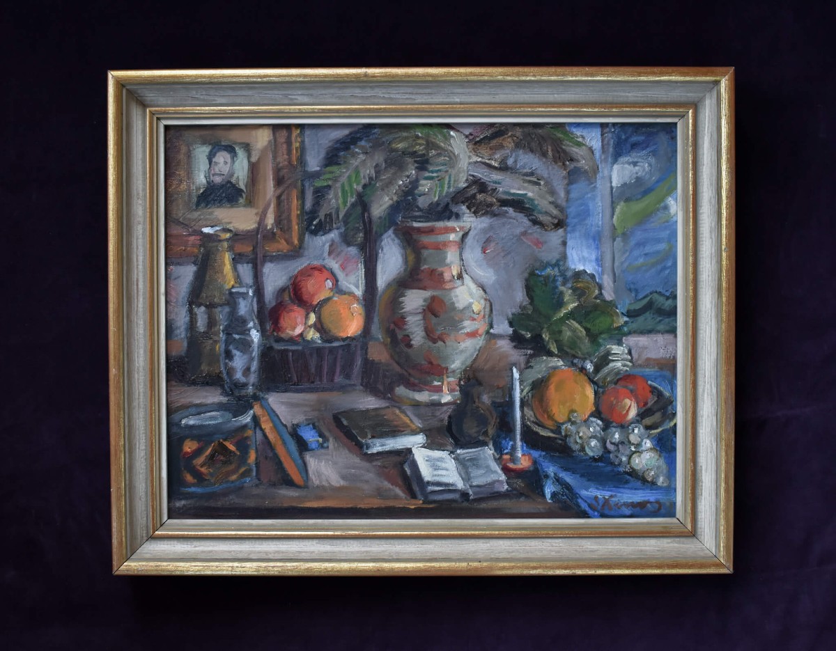 Spiros Xenos - Nature morte avec fruits, livres et poteries