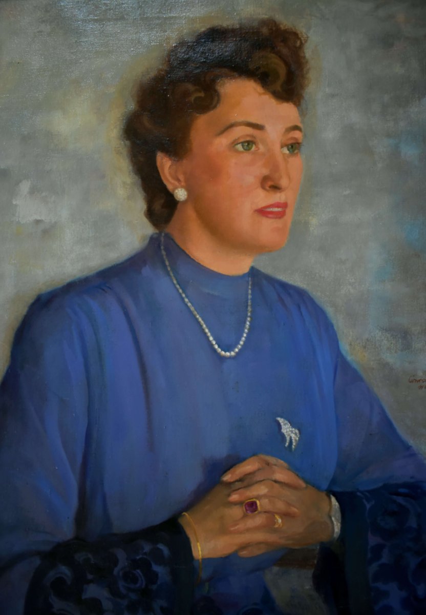 Conrad Pfau 1944 Oil Portrait - Woman In Blue-photo-3