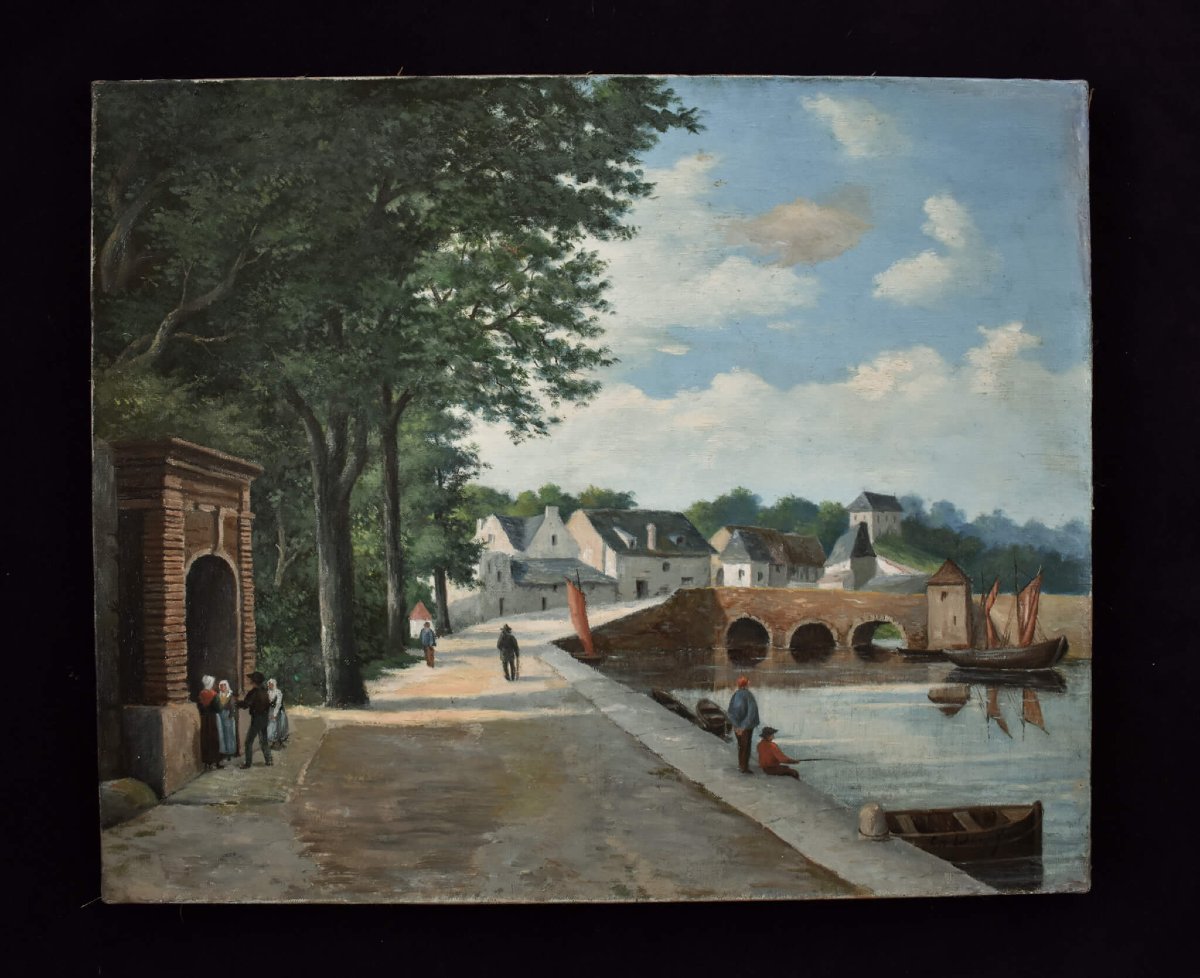 École française du XIXe siècle, village au bord d'une rivière-photo-2