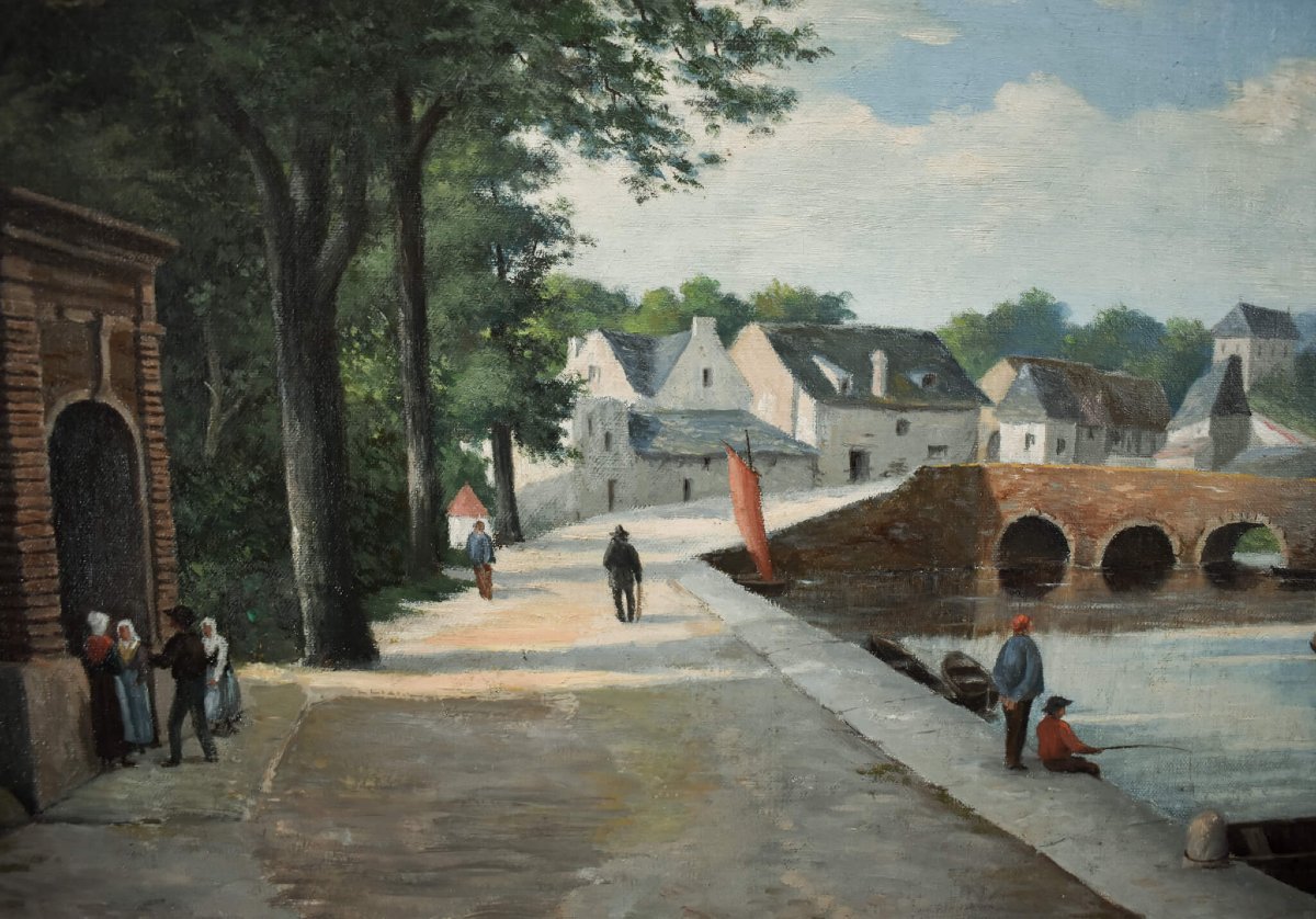 École française du XIXe siècle, village au bord d'une rivière-photo-3