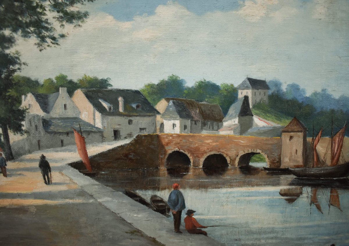 École française du XIXe siècle, village au bord d'une rivière-photo-4