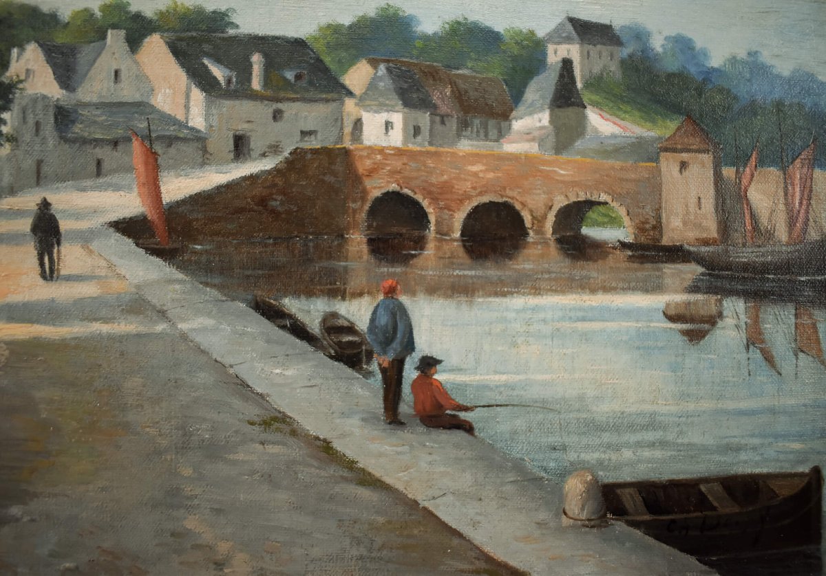 École française du XIXe siècle, village au bord d'une rivière-photo-1