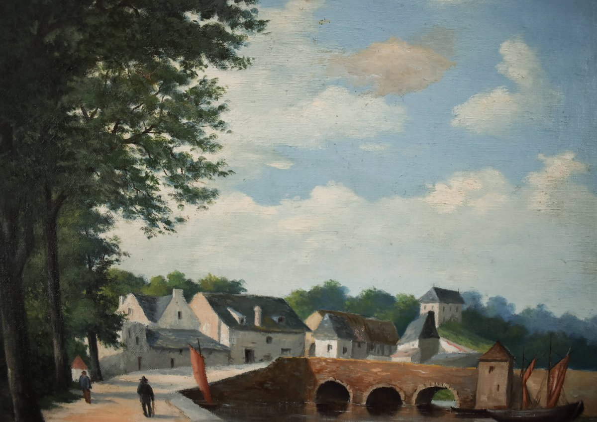 École française du XIXe siècle, village au bord d'une rivière-photo-2