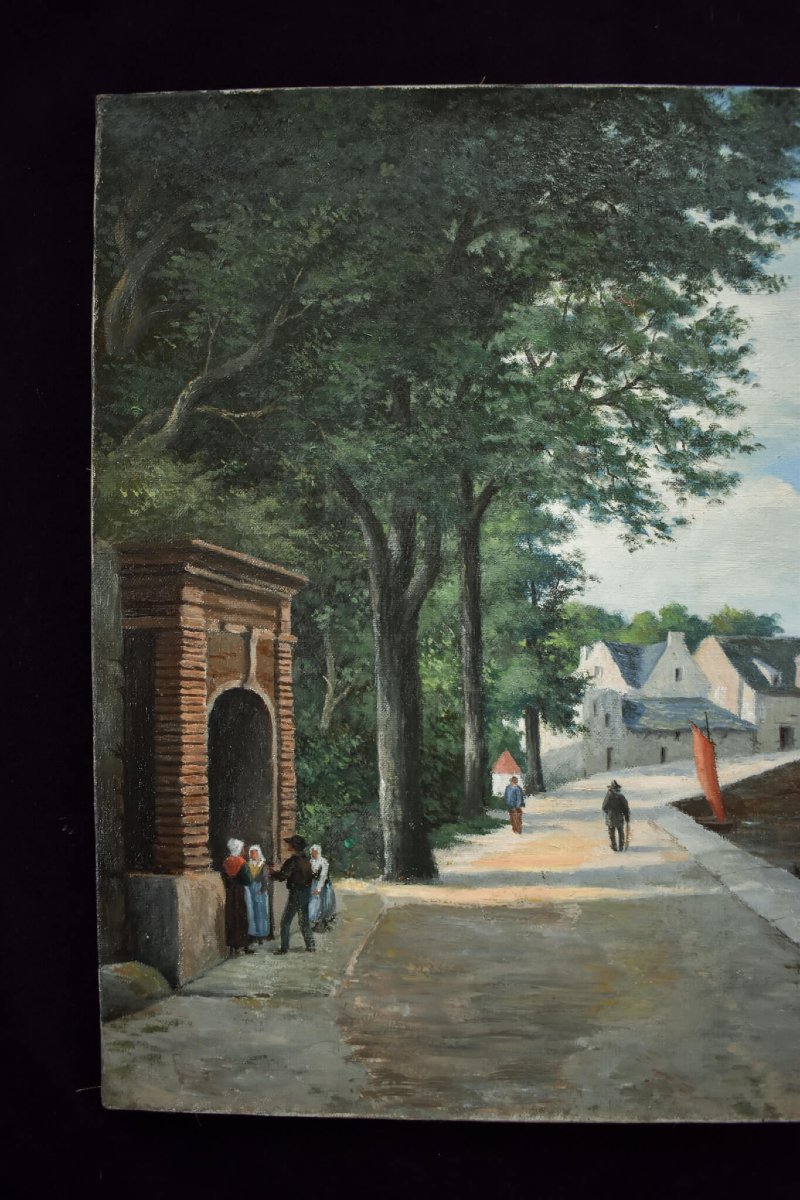 École française du XIXe siècle, village au bord d'une rivière-photo-3