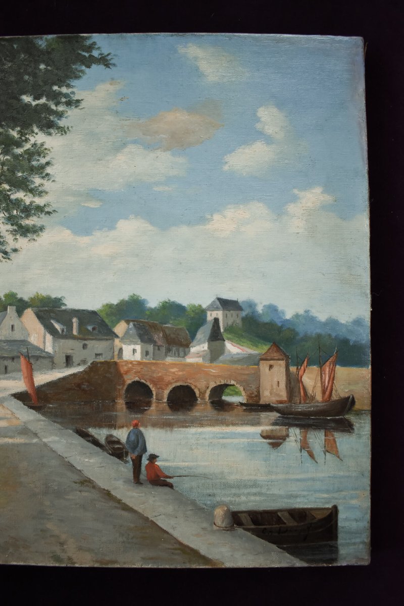 École française du XIXe siècle, village au bord d'une rivière-photo-4