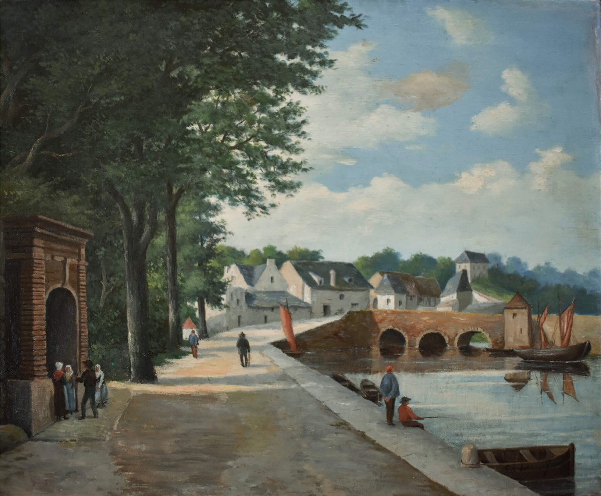 École française du XIXe siècle, village au bord d'une rivière