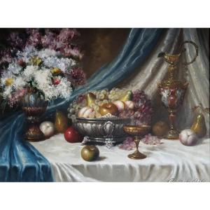 Béla Balogh - Nature Morte Avec Fleurs, Fruits Et Coupes