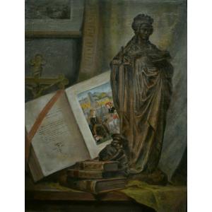 Adolphe-jules Pouessel - Still Life With Statue And Books