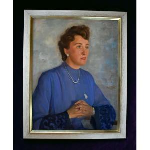 Conrad Pfau 1944 Oil Portrait - Woman In Blue