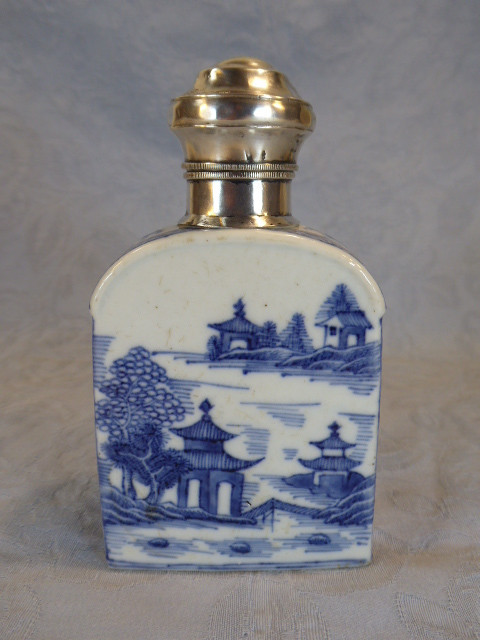 18th Century Chinese Blue And White Porcelain Tea Caddy With Silver Lid