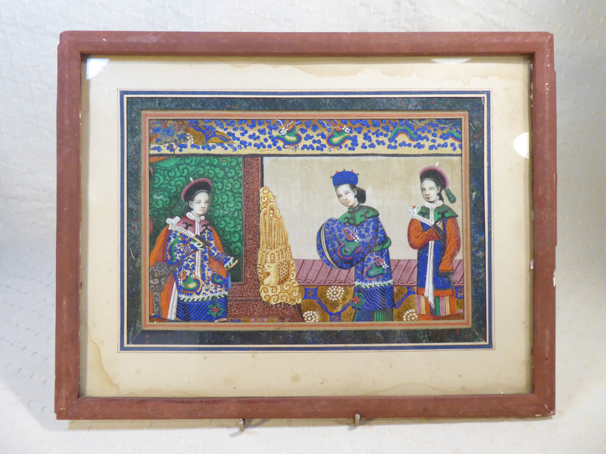 Peinture Chinoise Sur Papier De Riz Représentant Une Scène De Cour.