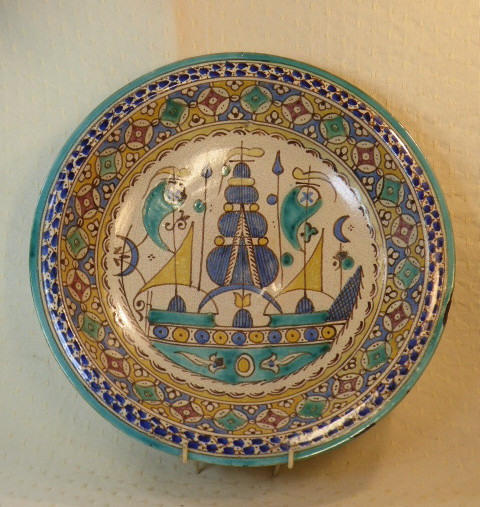 Rare Moroccan Plate With Boat, Fes, 19th Century