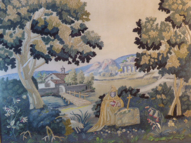 Broderie de chenillettes (fils veloutés) et peinte sur soie, représentant Saint Antoine L’Abbey-photo-2