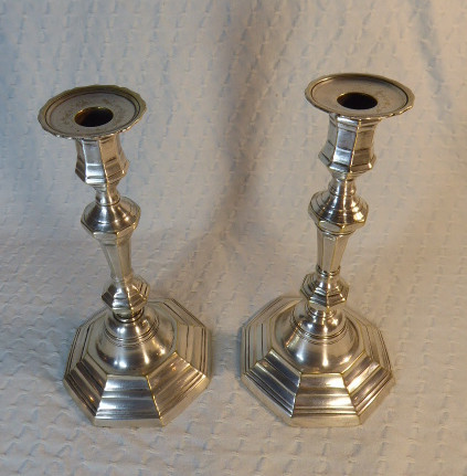 Pair Of Octagonal Silver-plated Bronze Candlesticks, 18th Century.-photo-2