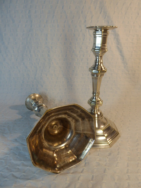 Pair Of Octagonal Silver-plated Bronze Candlesticks, 18th Century.-photo-3