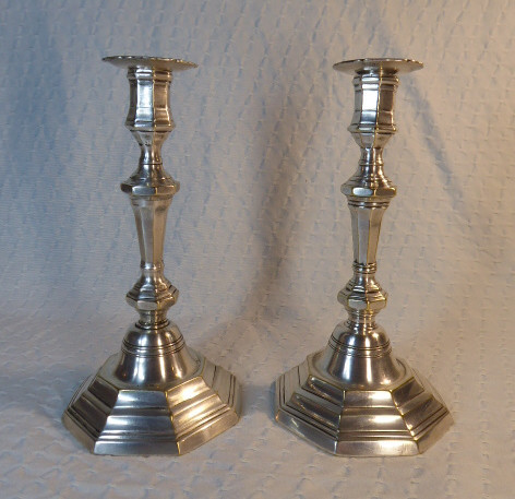 Pair Of Octagonal Silver-plated Bronze Candlesticks, 18th Century.