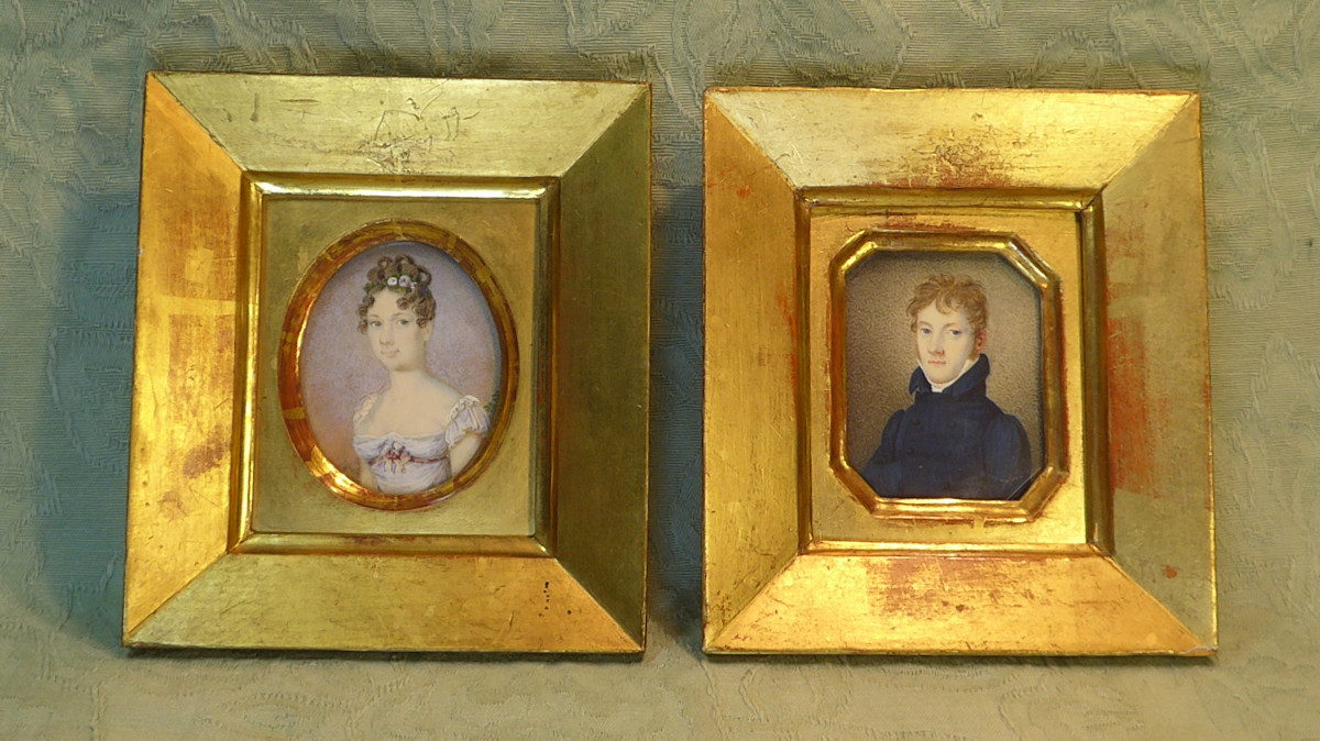 Pair Of Miniatures Depicting A Young Man And A Young Woman. 1820s.
