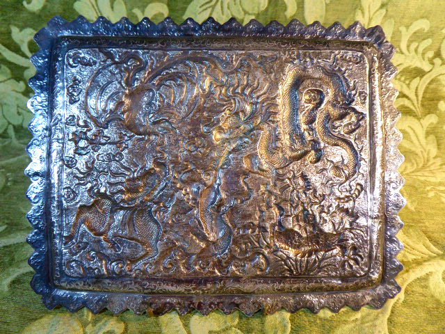 Chinese Repoussé Silver Tray From The 19th Century, Decorated With The Four Guardians.-photo-4