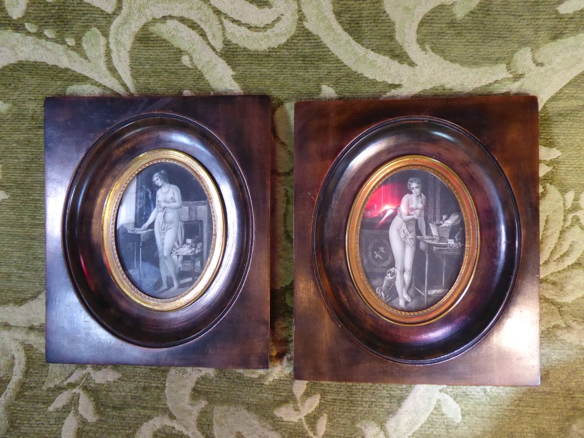 Une paire de miniatures en grisaille représentant des nus, datant de la Belle Époque.