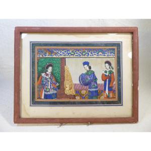 Peinture Chinoise Sur Papier De Riz Représentant Une Scène De Cour.