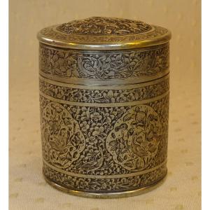 Round Persian Silver Tobacco Box With Engraved And Relief Decoration. 19th Century.