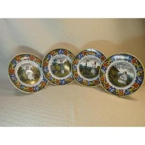 Four Polychrome Plates From Creil Depict Different Scenes Of Children's Play.