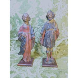 Paire de statuettes religieuses en bois polychrome sculpté, autrichienne (XVIIe siècle)