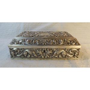 A 19th-century French Jewelry Box Made Of Silver-plated Metal, Decorated With Zoomorphic Dragons.