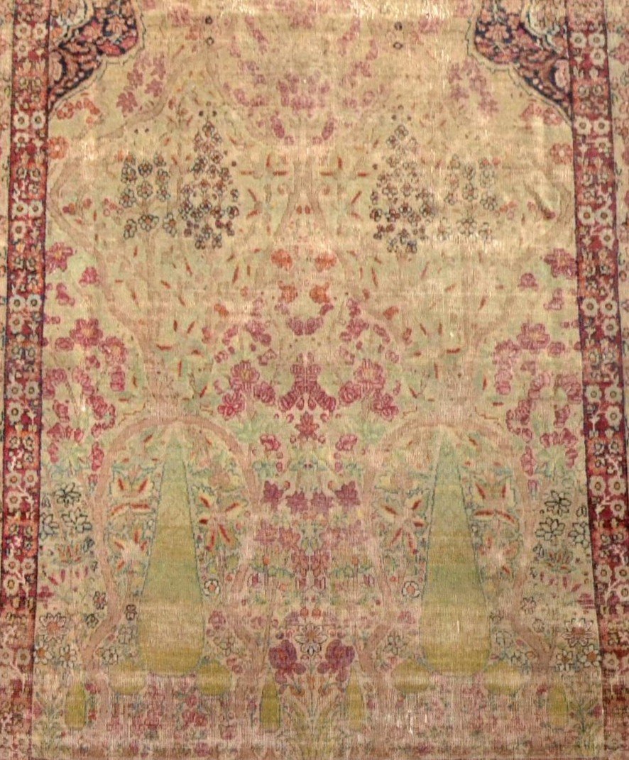 Old Kirman Rug, Prayer Shape With Two Cypresses, 136 X 203 Cm, Hand-knotted Wool, Persia 19th Century-photo-2