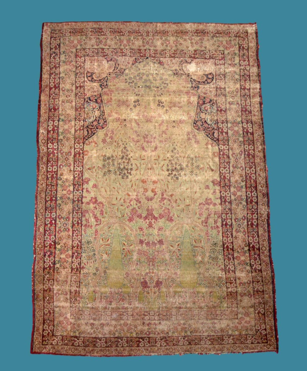 Tapis ancien Kirman, forme prière aux deux cyprès, 136 x 203 cm, laine nouée main, Perse XIXème-photo-7