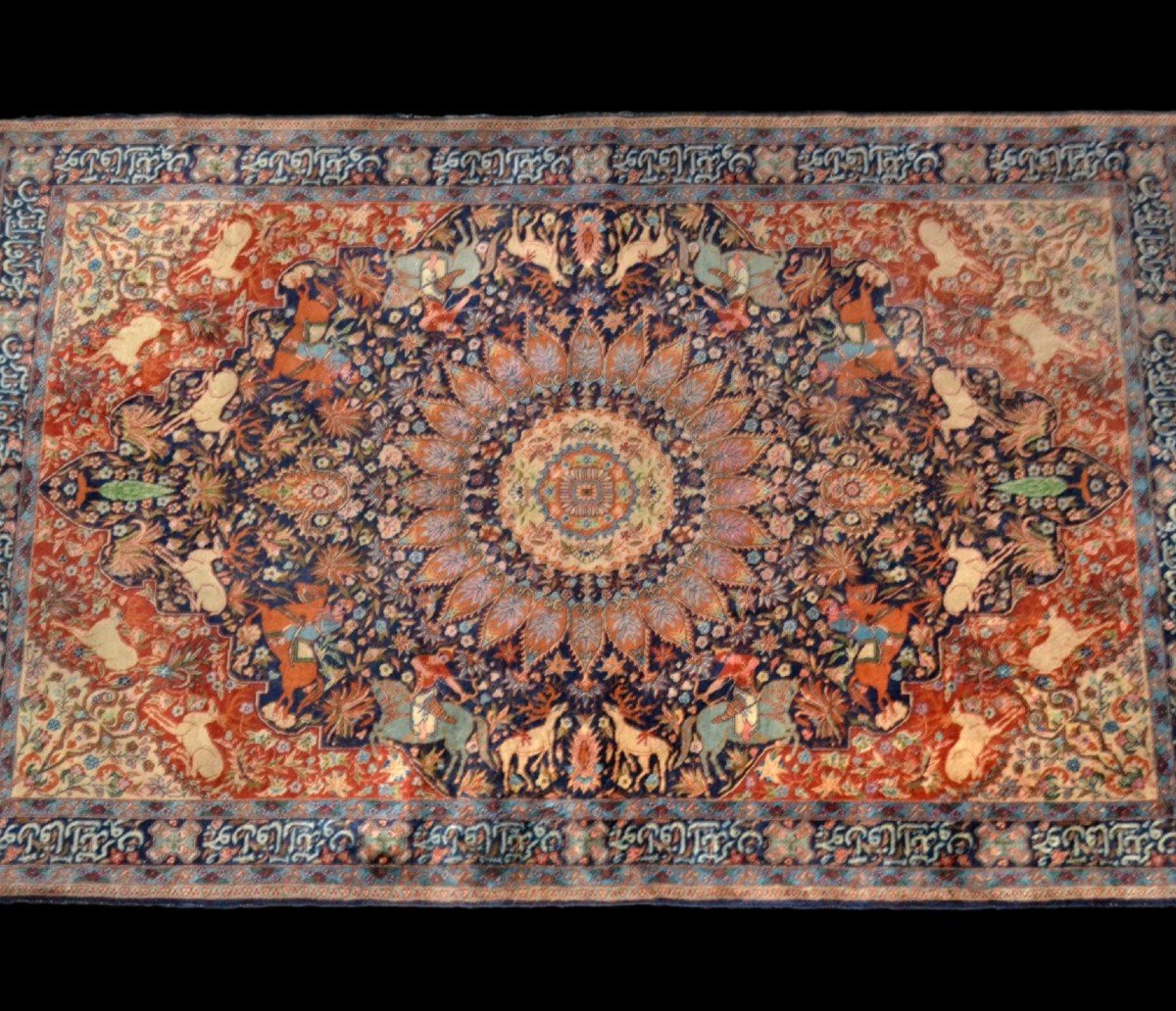 Tapis de chasse Tabriz, Indo-persan, 138 x 220 cm, laine nouée main vers 1960-1970, superbe-photo-2