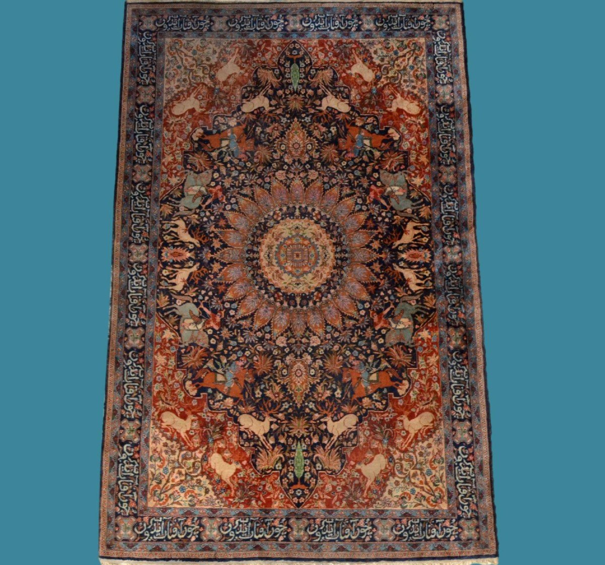 Tapis de chasse Tabriz, Indo-persan, 138 x 220 cm, laine nouée main vers 1960-1970, superbe-photo-8