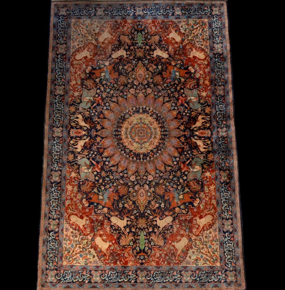 Tapis de chasse Tabriz, Indo-persan, 138 x 220 cm, laine nouée main vers 1960-1970, superbe