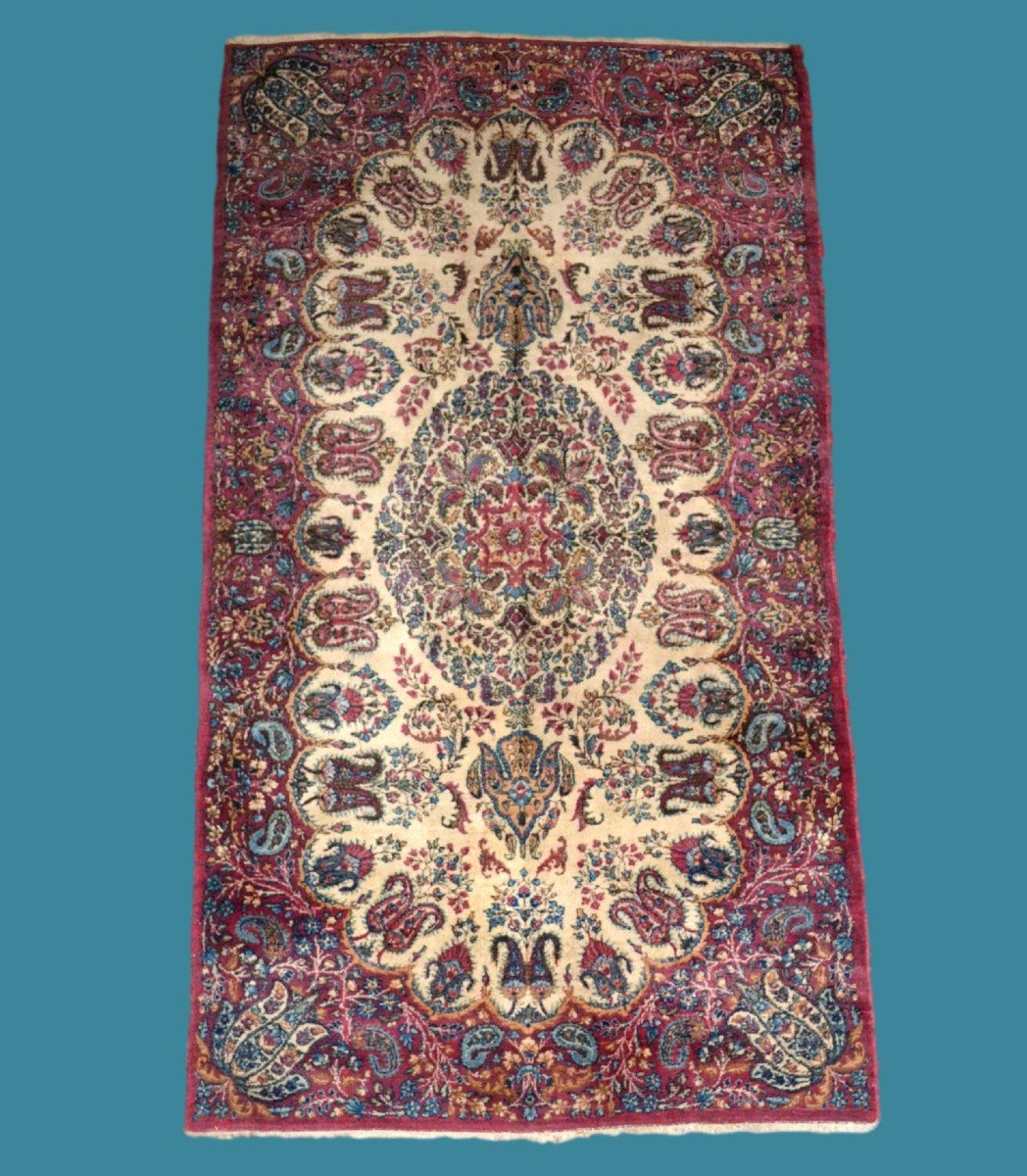 Tapis Persan Kirman, 117 x 210 cm en laine kork nouée main, Iran, botehs et médaillon vers1970-photo-7