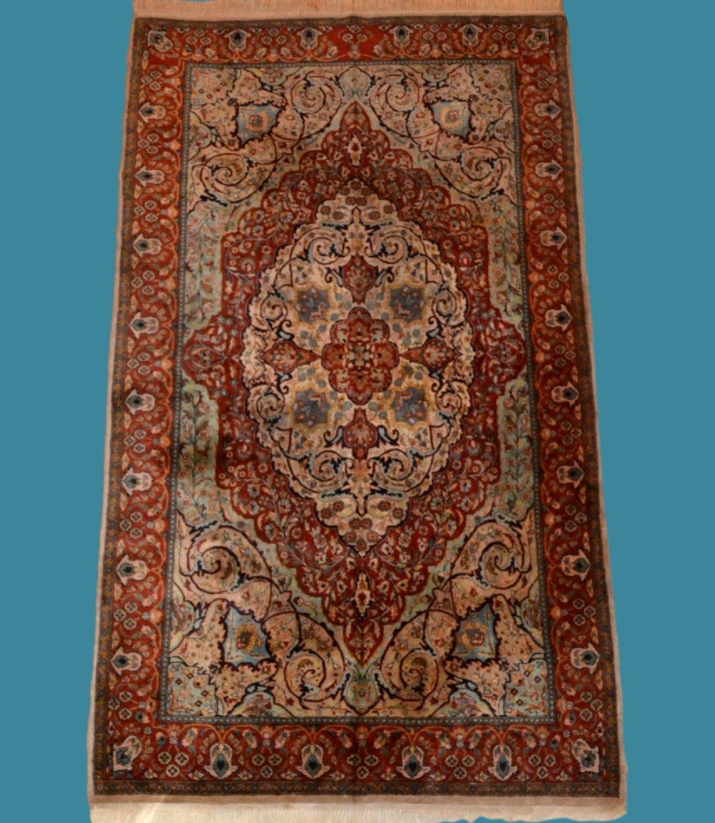 Ghoum Rug, Beautiful Indo-persian, 139 Cm X 239 Cm, Hand-knotted Fine Wool, Circa 1970, Very Good Condition-photo-7