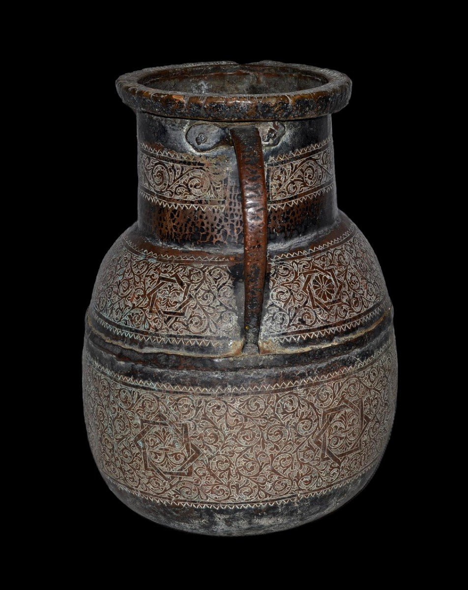 Tâs, bassin tripode en cuivre étamé gravé, Syrie ? du XIXème siècle, belles calligraphies-photo-5