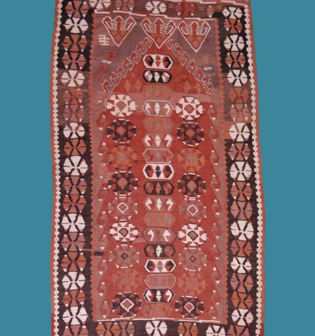 Kilim anatolien, 77 cm x 138 cm, laine nouée main, décor de niche, vers 1960/1970 parfait état-photo-4