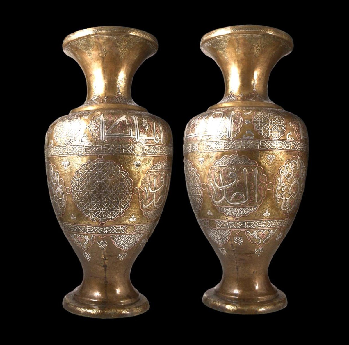 Important Baluster Vase In Brass Damascened With Silver, Syrian Art Of The 19th Century, Superb Condition-photo-3