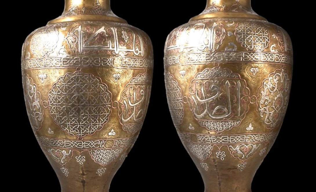 Important Baluster Vase In Brass Damascened With Silver, Syrian Art Of The 19th Century, Superb Condition-photo-4