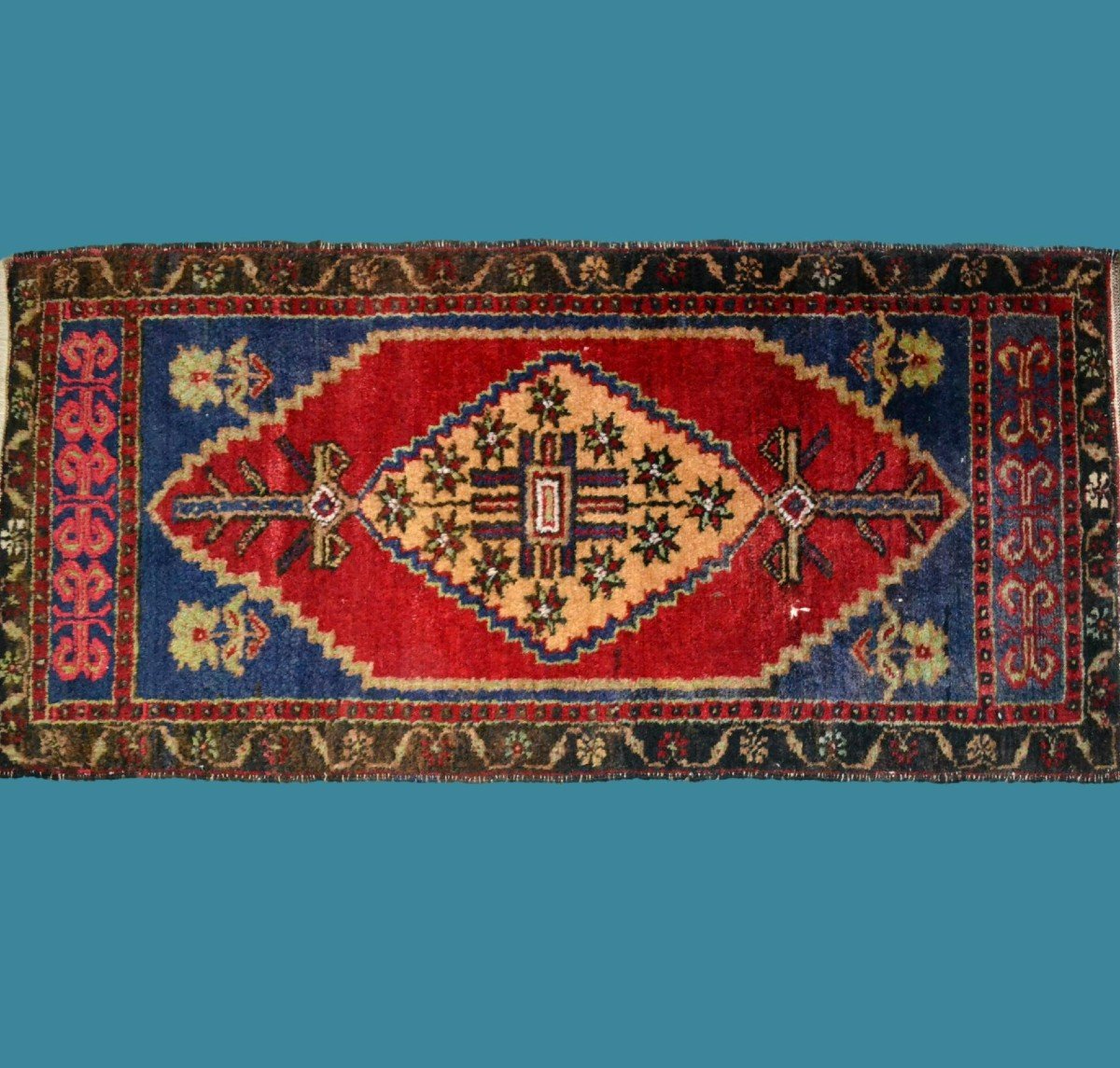 Yastik Around 1950, 51 Cm X 109 Cm, Hand-knotted Wool In Turkey, Welcome Mat, In Good Condition-photo-3