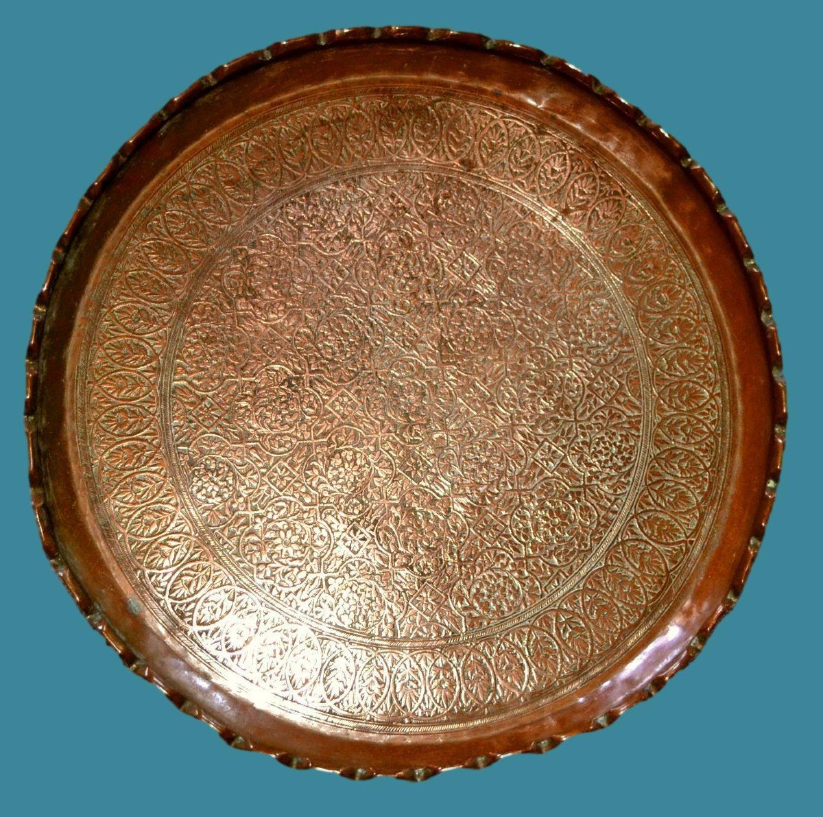 Oriental Tray With Floral Decoration Engraved With A Chisel, Red Copper, Turkey From The 19th Century-photo-4