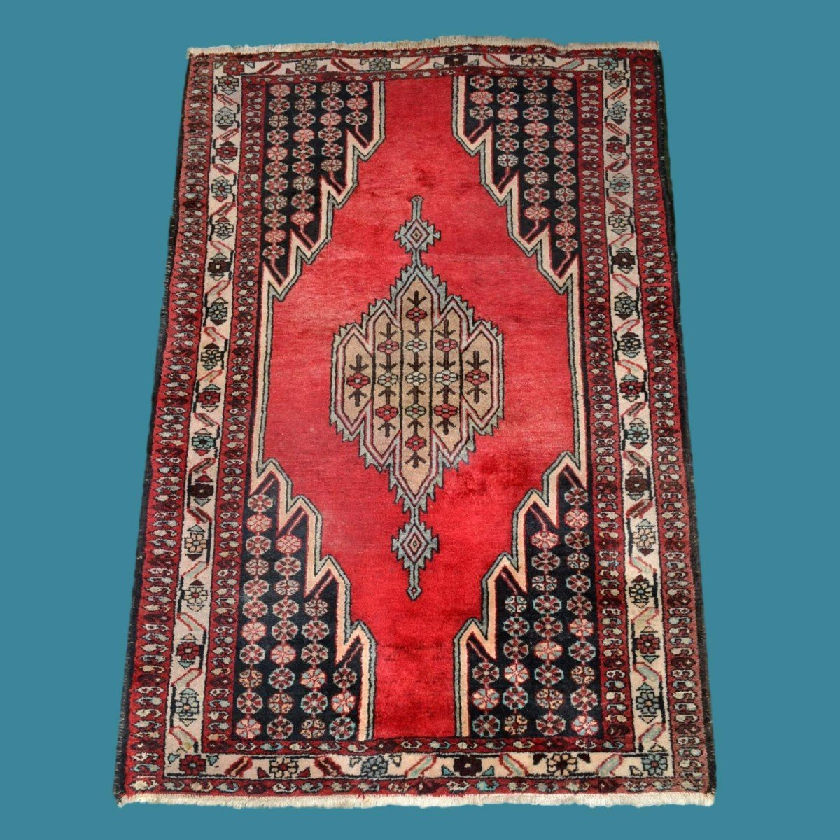 Tapis Maslaghan, 132 x 200 cm, Persan en laine nouée main en Iran vers 1960/1970, très bon état-photo-7